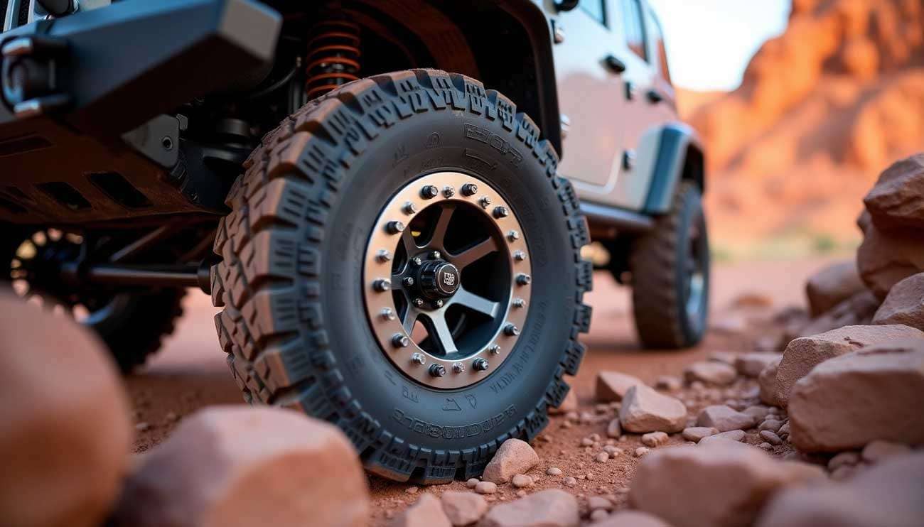 Close-up of an off-road vehicle's beadlock wheel navigating rocky desert terrain at sunset