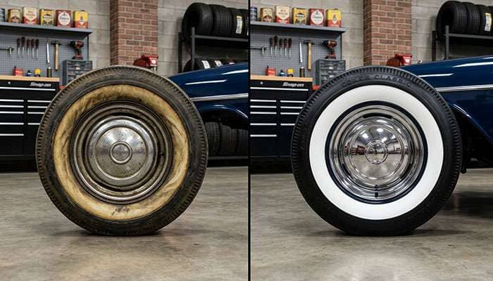 Before and after comparison of a restored whitewall tire showing dramatic whitening results