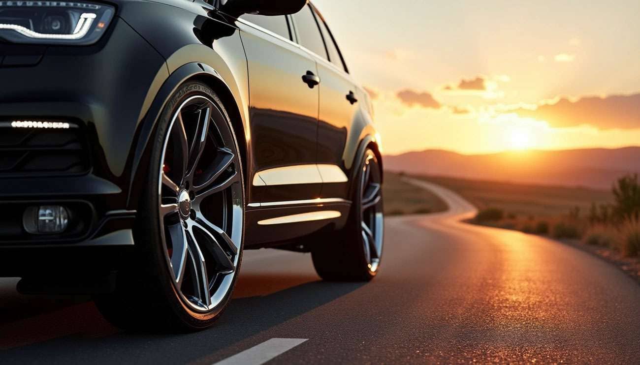 Close-up of a black SUV with 22-inch wheels on a winding road at sunset highlighting wheel design and road grip