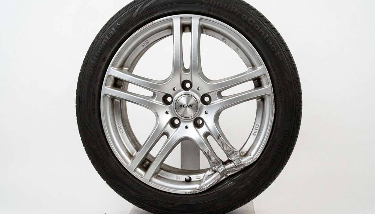 aluminum car wheel with a visibly bent and deformed inner lip flange from a pothole impact