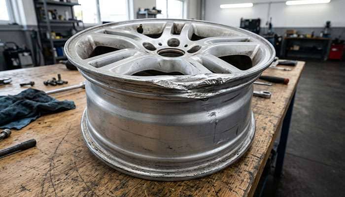 Bent inner rim flange on an alloy wheel with the tire removed showing impact deformation