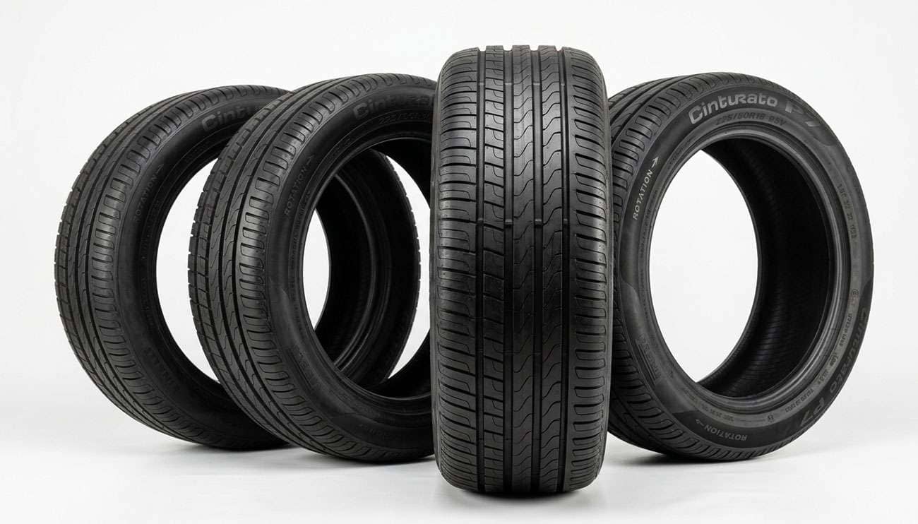 Set of 225/50R18 all-season tires arranged on a clean white seamless backdrop