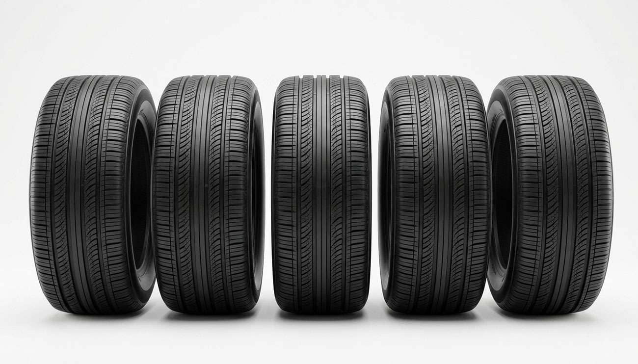 Set of 245/60R18 all-season SUV tires lined up on a clean white backdrop