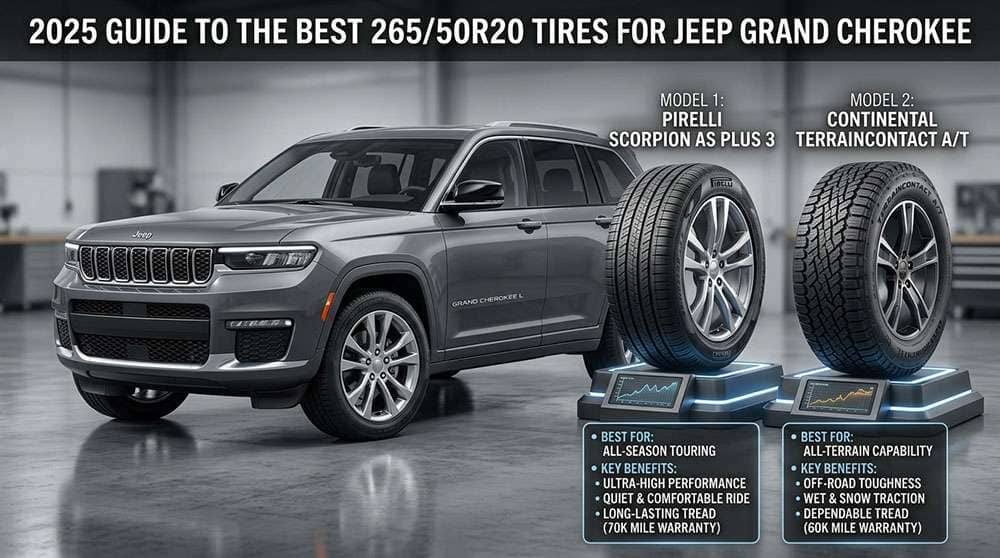 2025 guide to the best 265/50R20 tires for Jeep Grand Cherokee with a gray SUV and two tire models pictured.