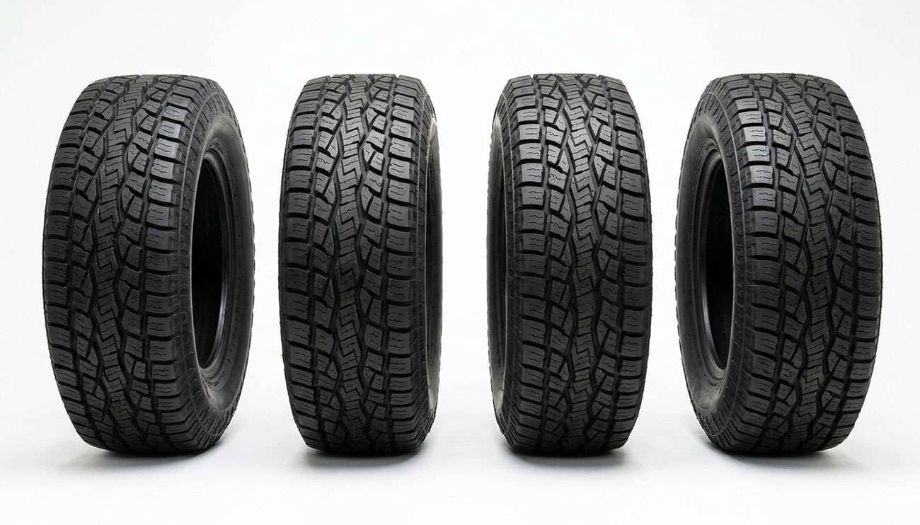 Set of 265/60R18 truck and SUV tires lined up on a clean white backdrop showing tread and sidewall detail