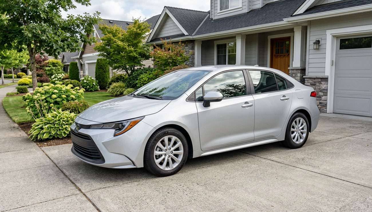 Compact sedan with budget-tier all-season tires parked in suburban driveway