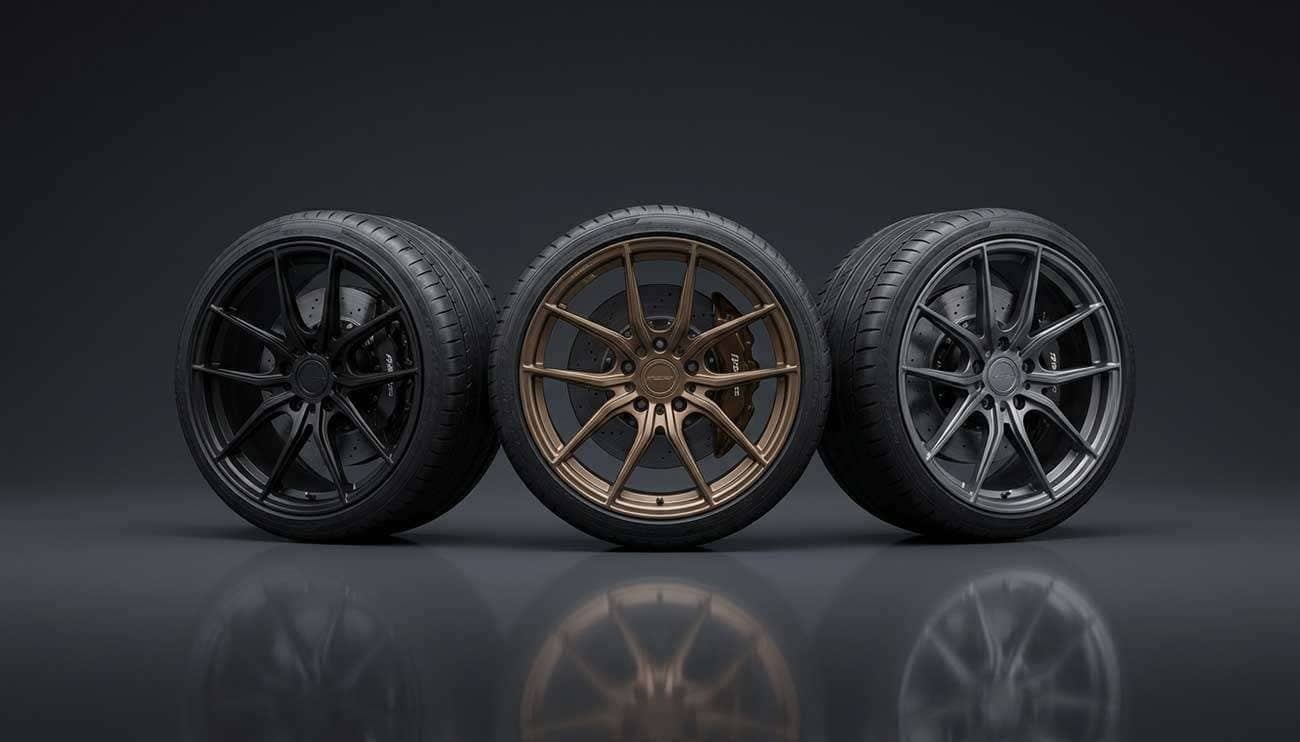 Three high-performance aftermarket wheels displayed on a reflective surface against a dark background