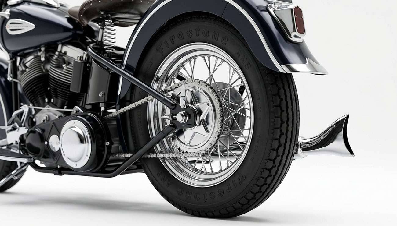 Firestone ANS Motorcycle 5.00-16 tire with raised FIRESTONE lettering on the spoked rear wheel of a 1940s-style American V-twin motorcycle