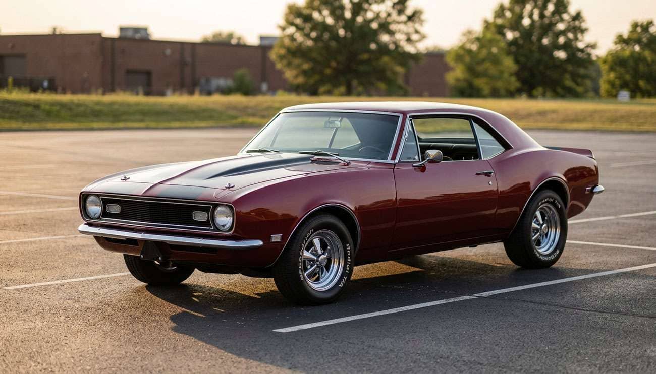 Classic 1969 American muscle car on chrome five-spoke wheels in three-quarter front view