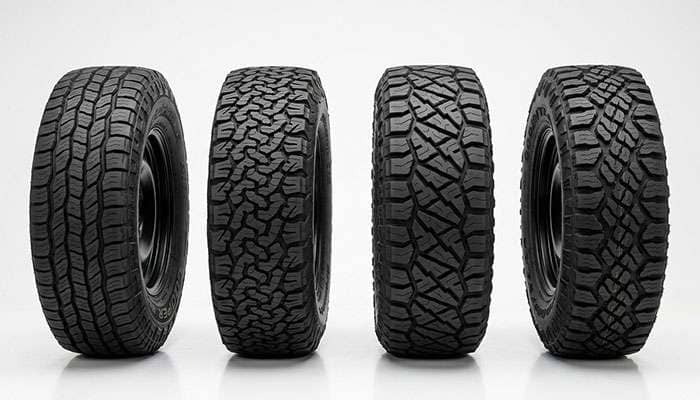 Four premium all-terrain tires standing upright on a clean white studio surface showing daily-driver-friendly tread patterns