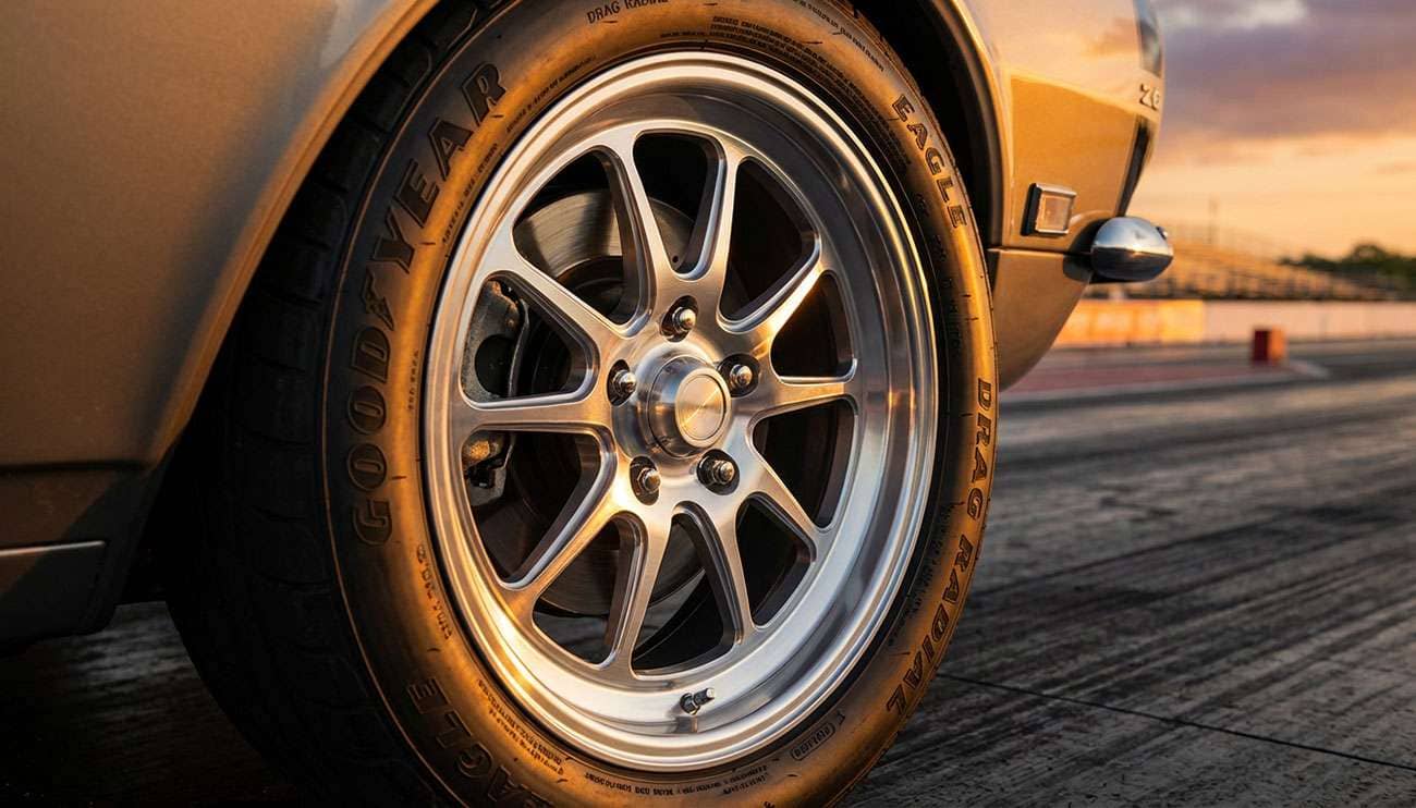 Close-up of a polished drag racing wheel on a classic car at sunset on a race track