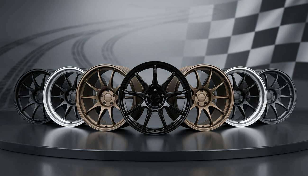 Seven high-performance drift wheels arranged in a showcase display featuring top-rated affordable options under $1000