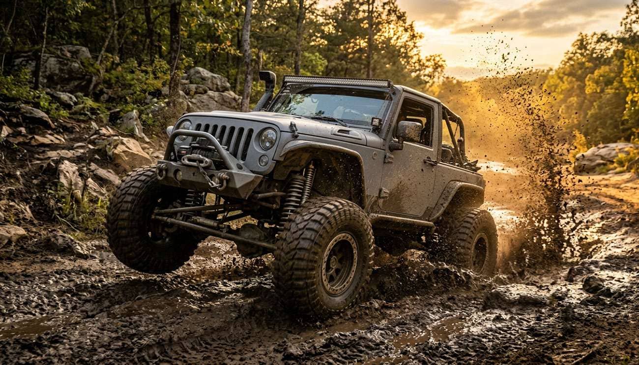 Lifted off-road truck with aggressive mud tires splashing through deep mud on technical trail