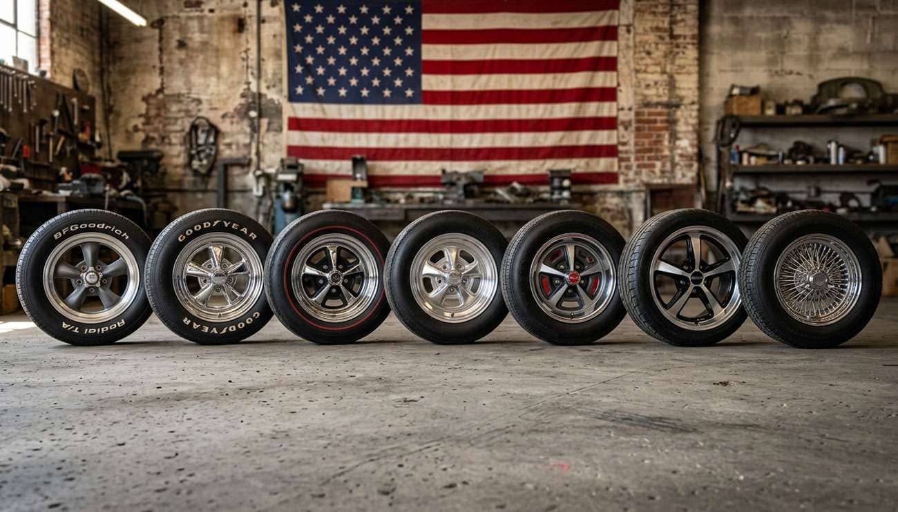 Seven distinctive muscle car wheels arranged against shop wall showing brand diversity