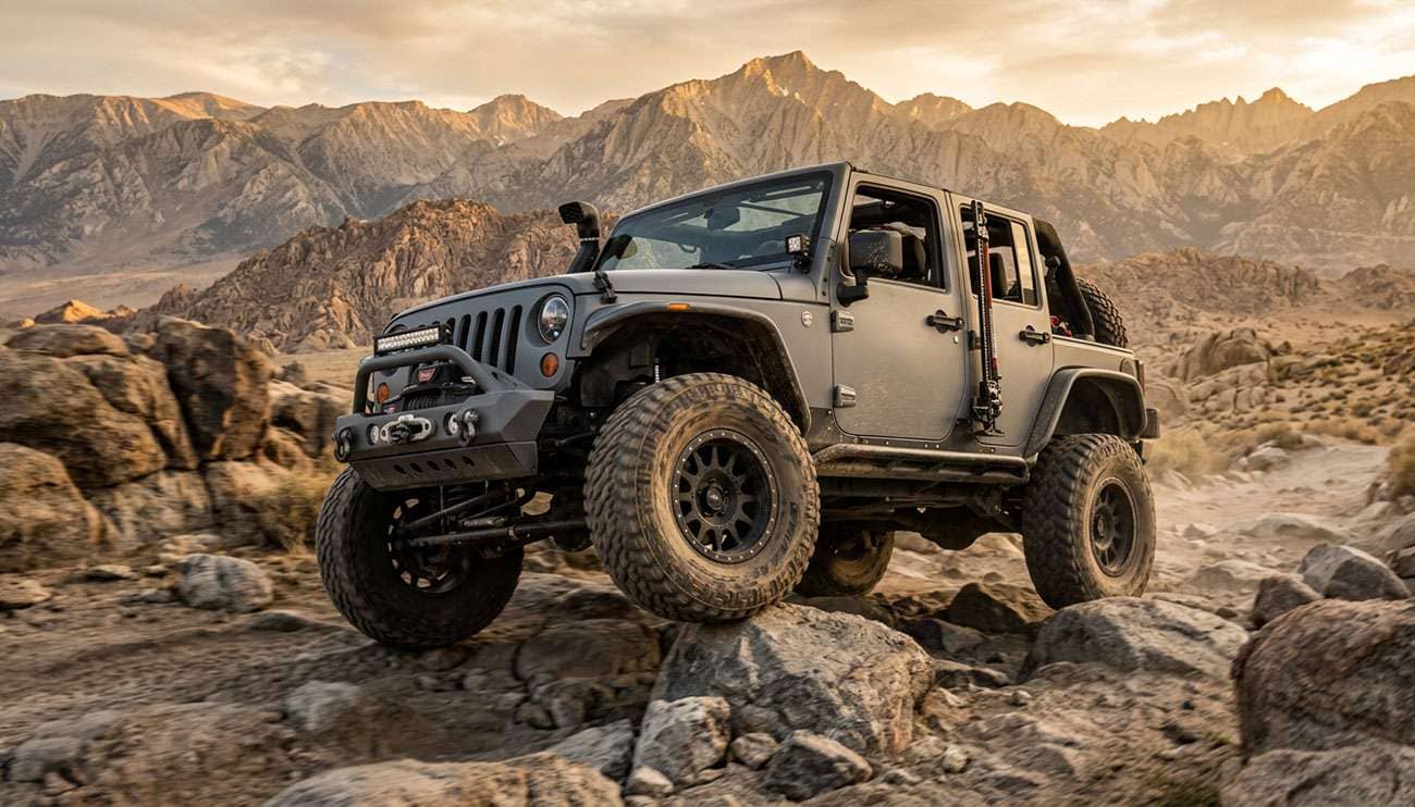 Modified Jeep trail rig on rocky technical off-road trail with mud-coated wheels visible