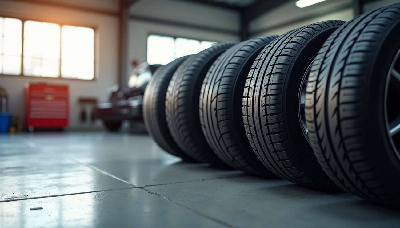 Row of new tires lined up in a bright automotive workshop with a car and tool cabinet in the background