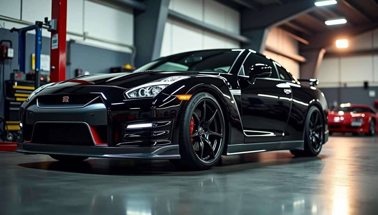 Sleek black sports car with racing rims parked inside a spacious, well-lit garage or workshop