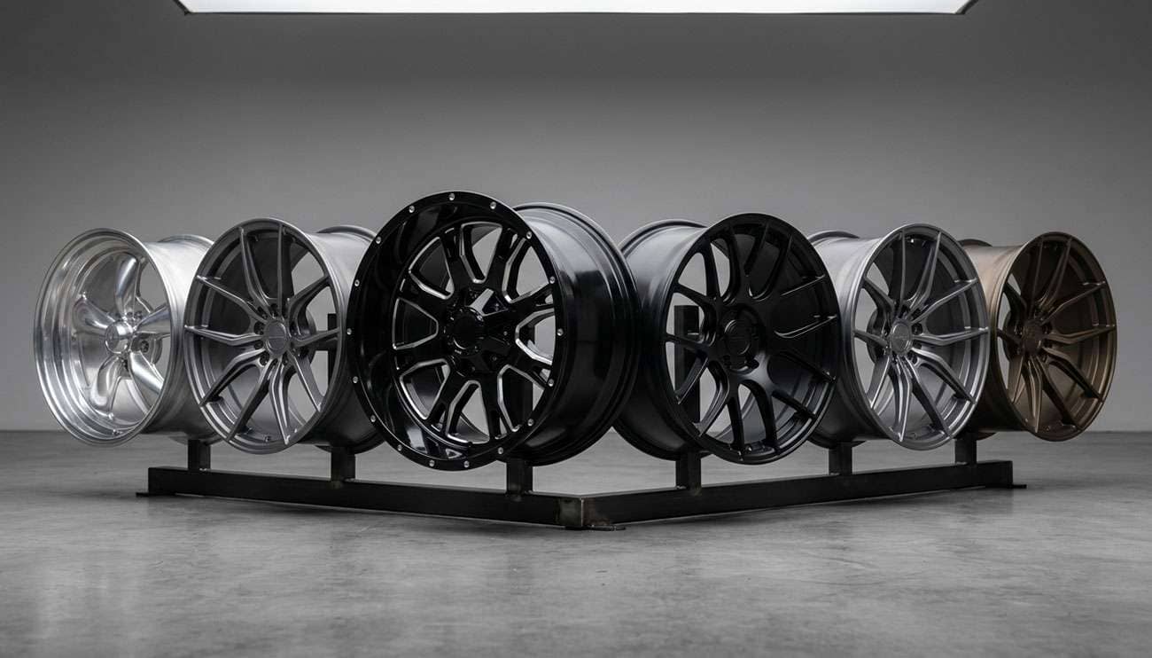 Premium aftermarket wheel showroom display showing varied designs from classic muscle car to modern truck builds