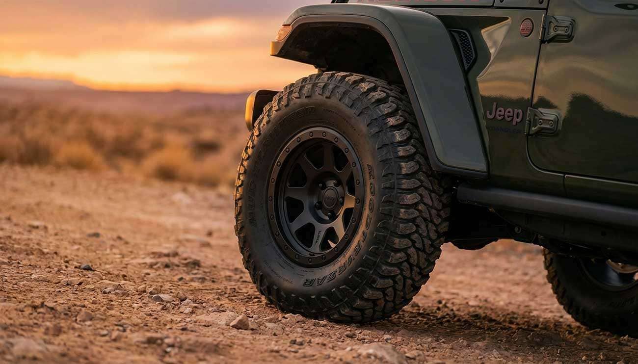 Close-up of a black rugged rim and tire on a Jeep Wrangler on a rocky trail at sunset