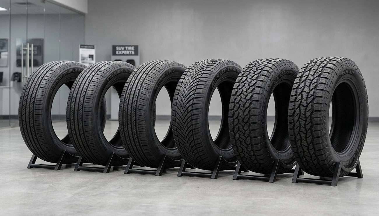 Premium SUV tire showroom display showing varied tread patterns from highway touring to all-weather to all-terrain