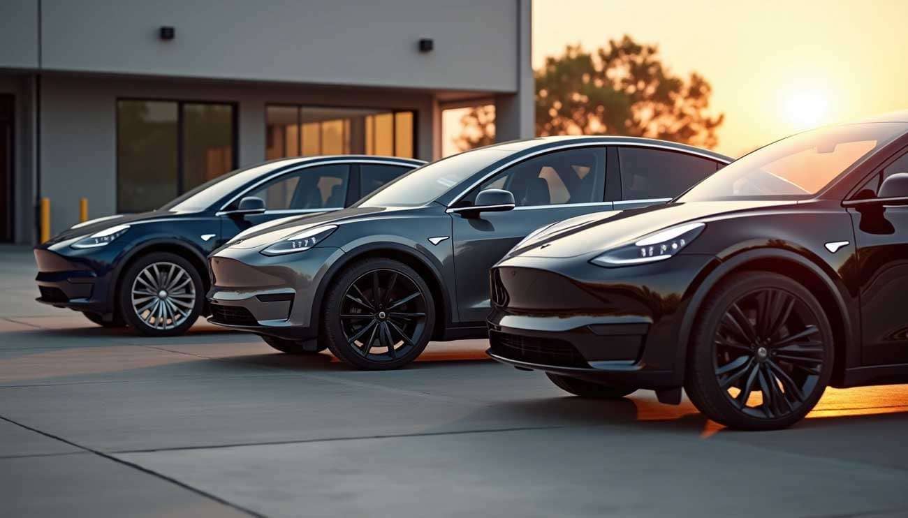 Three Tesla cars with different wheel designs parked in a row at sunset in front of a modern building