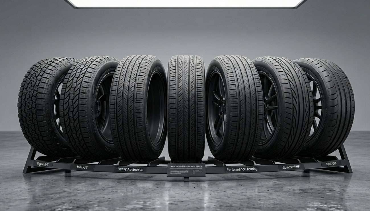 Premium tire showroom display showing multiple brand sidewalls fanned out for safety and performance comparison