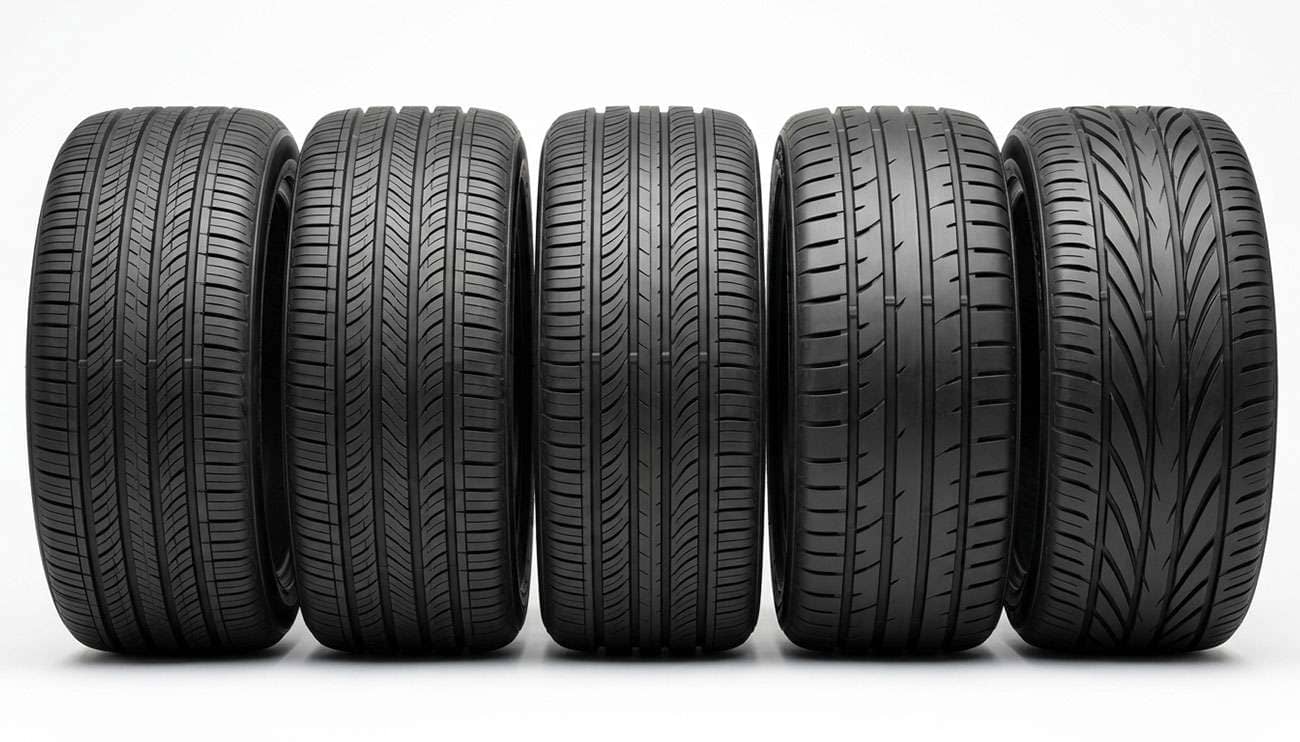 Row of 235/45R17 performance tires lined up on a clean white seamless backdrop