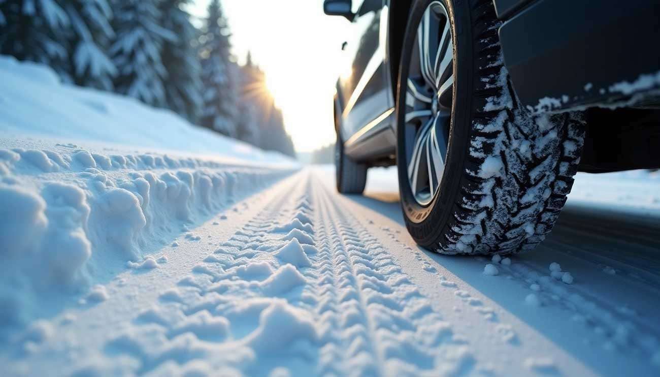 Close-up of a car tire driving on a snowy road with fresh tire tracks and snow-covered trees in the background