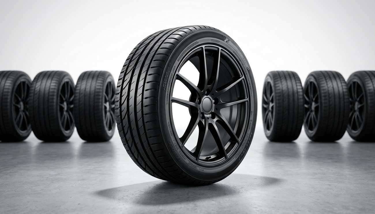 Close-up of a car tire with black rims and a row of similar tires in the background on a concrete floor
