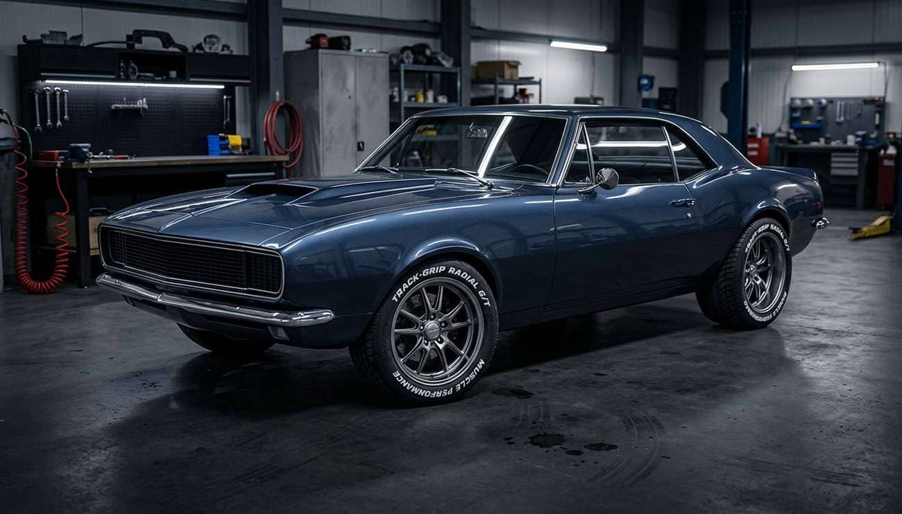American muscle car three-quarter view with aggressive aftermarket wheels and performance tires
