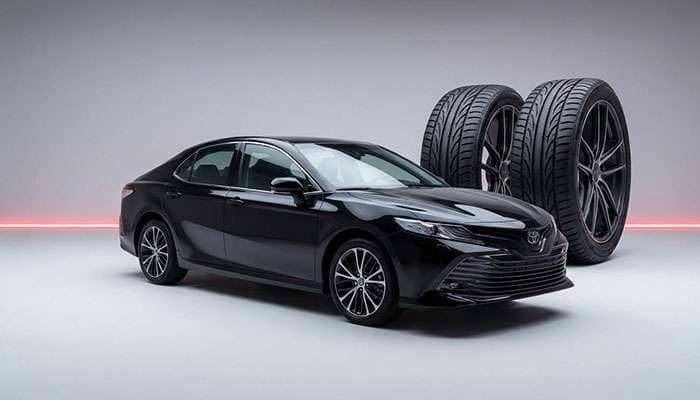 Black Toyota Camry with two tires behind and text 'Best Tires for Toyota Camry' on a red background