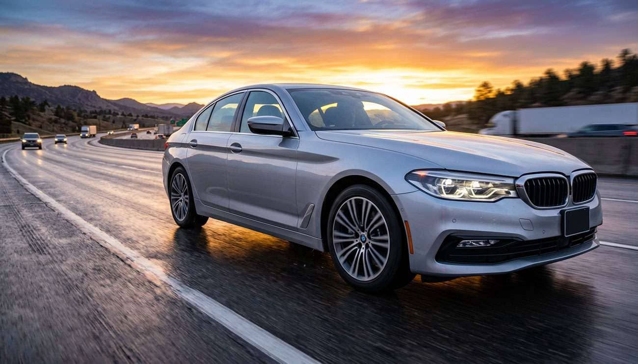 Sedan on a highway commute at sunrise showing touring tires on wet pavement