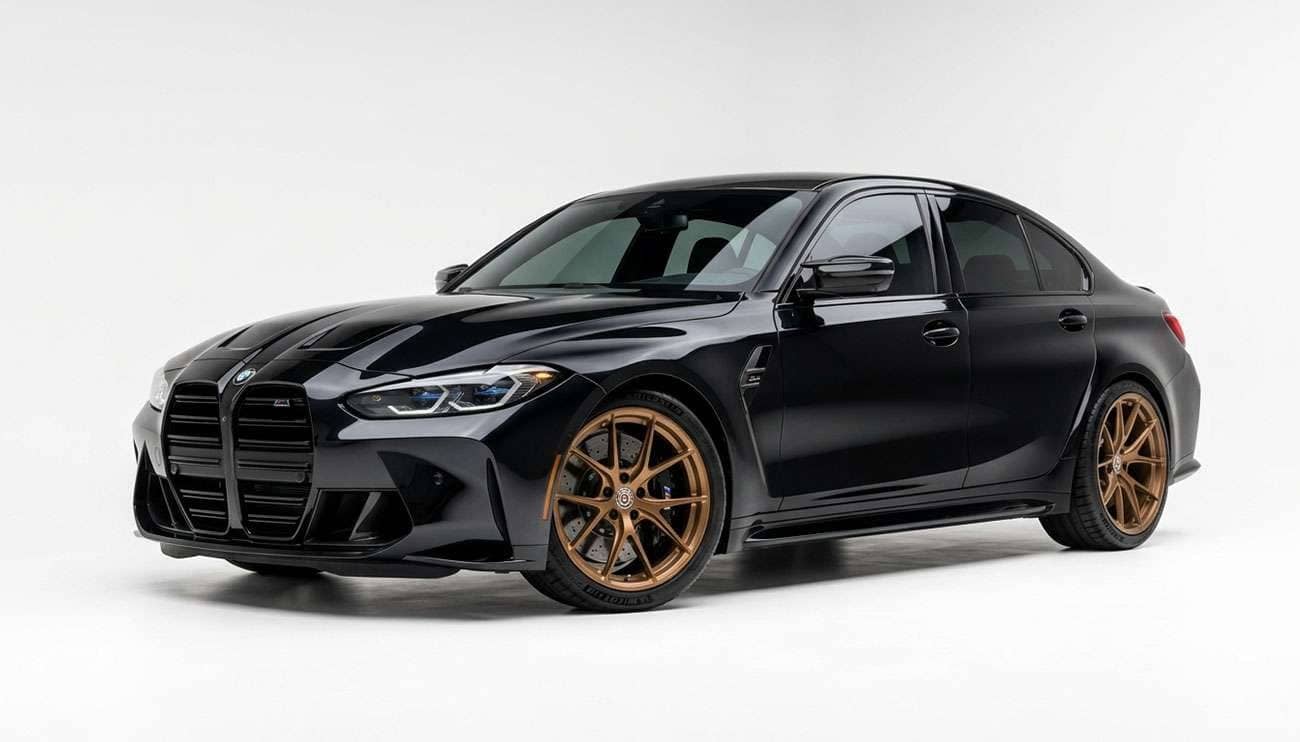 Black sports sedan with bronze aftermarket wheels showing strong contrast against glossy black paint