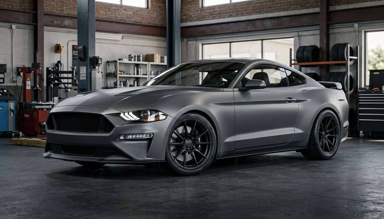 Modern pony car muscle car with aggressive aftermarket wheels and performance tires in shop setting