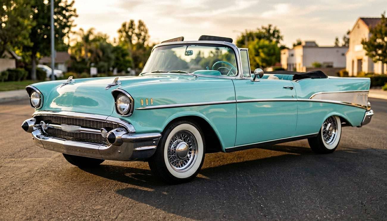 Vintage 1950s American convertible quarter-view showing wide whitewall tire detail