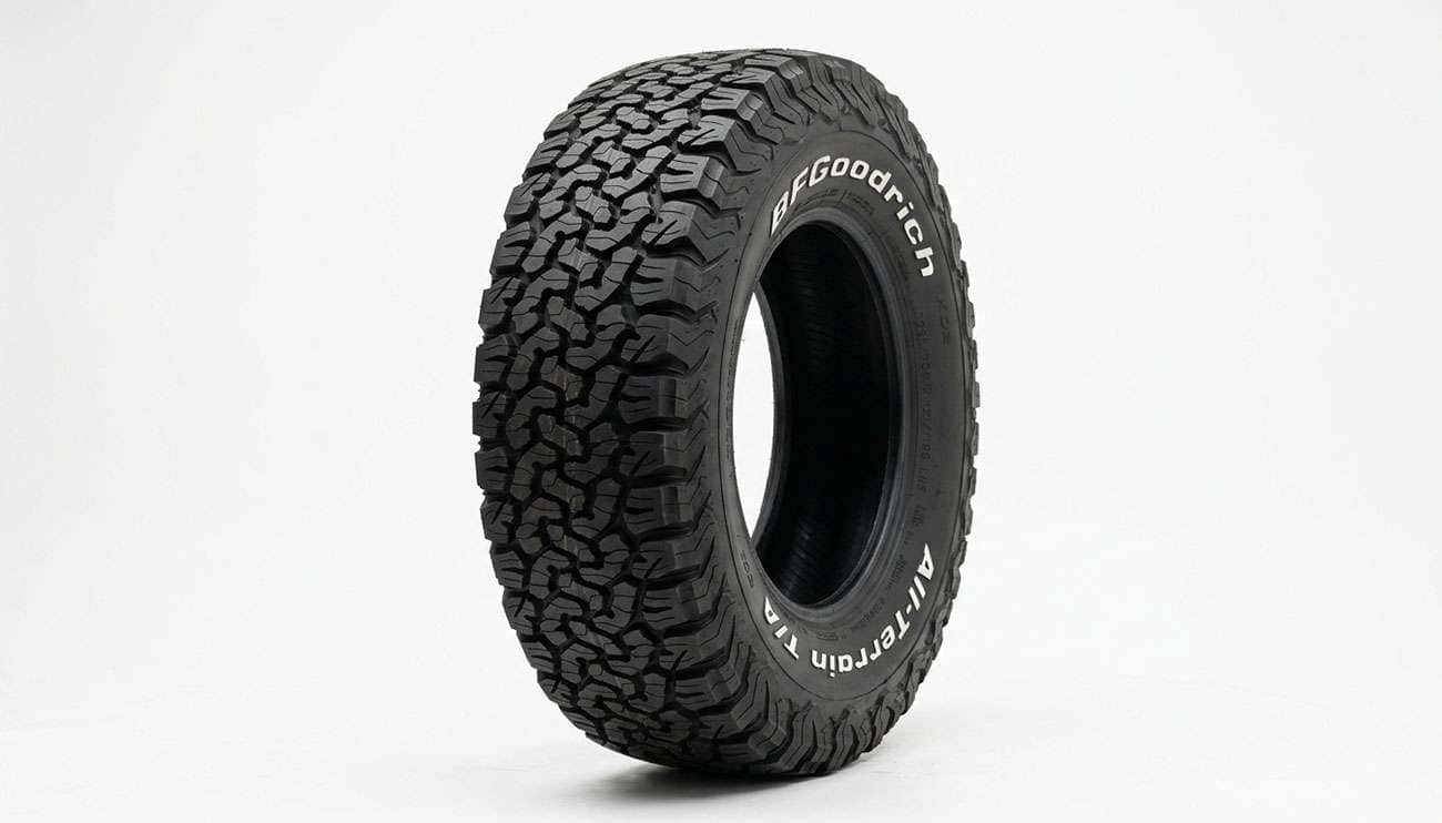 BFGoodrich All-Terrain T/A KO2 tire with raised white letter sidewall on a clean white seamless backdrop