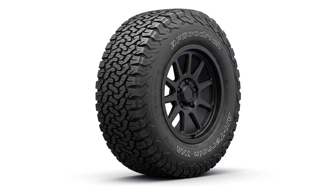BFGoodrich All-Terrain T/A KO3 tire mounted on a pickup truck wheel showing the serrated shoulder and sidewall tread
