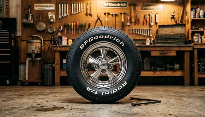 Vintage 1970s style raised white letter radial tire on a chrome wheel in an old service shop