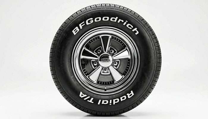 BFGoodrich Radial T/A raised white letter tire on a classic muscle car wheel