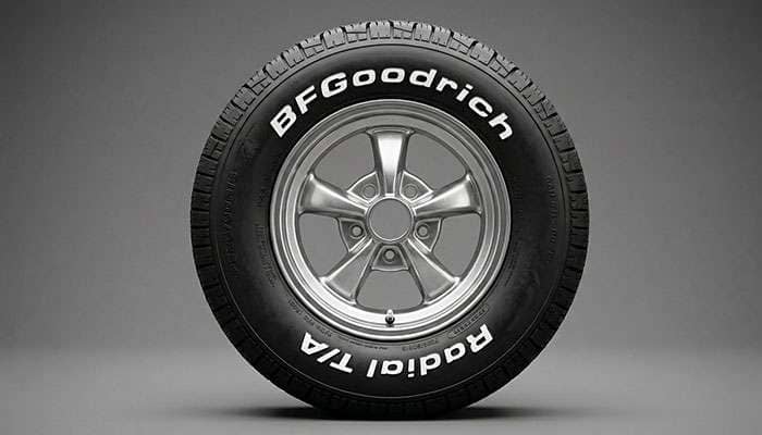 BFGoodrich Radial T/A raised white letter tire shown in profile view displaying the iconic bold white branding on the sidewall