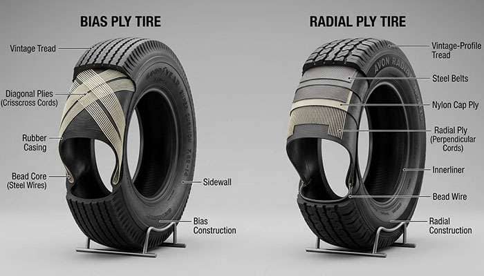 Cutaway comparison showing bias ply diagonal cord construction versus bias look radial with radial internal cords and vintage external profile