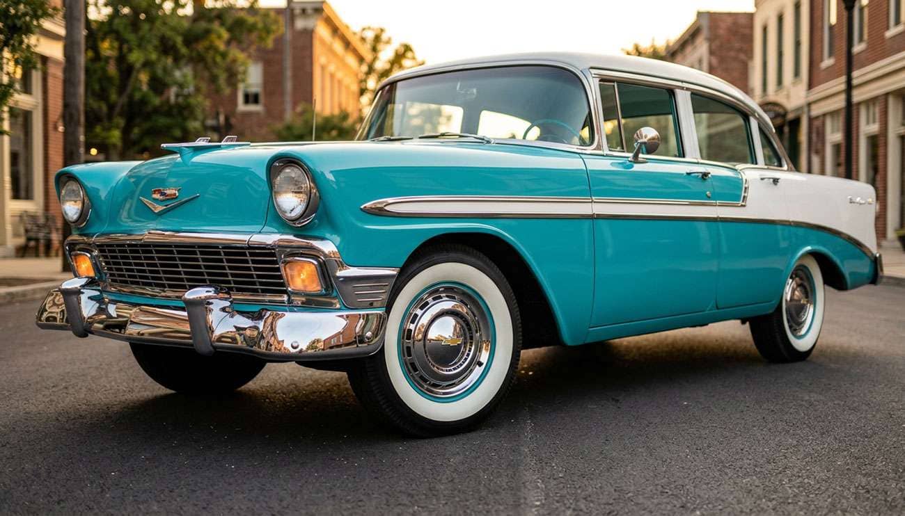 Bias look radial tire mounted on a classic 1950s car showing period-correct whitewall styling with modern radial construction