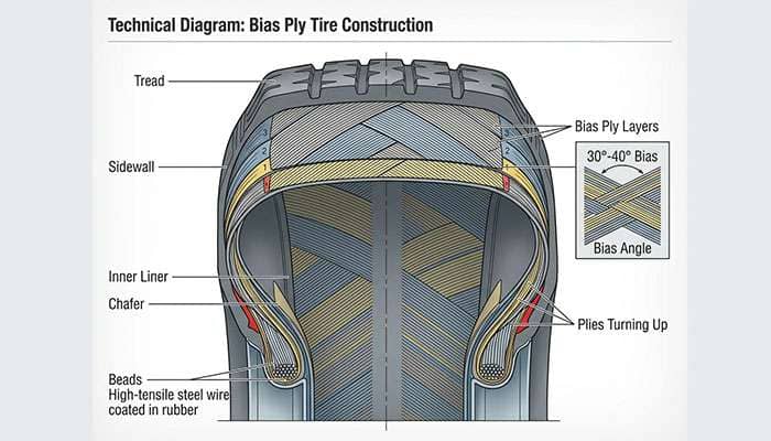 Cross-section diagram showing bias ply tire construction with diagonal cord layers for classic car applications