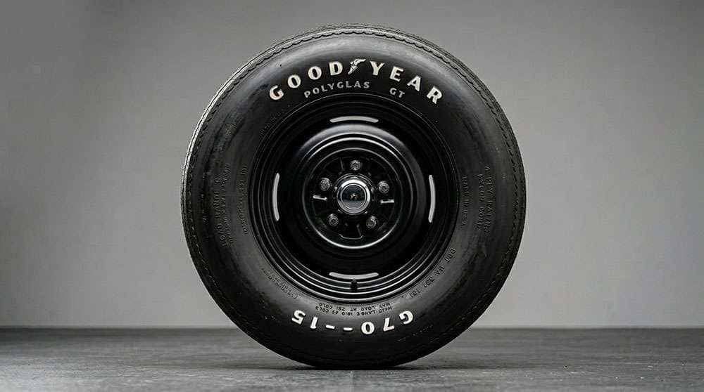 Close-up view of a classic bias-ply tire sidewall showing the tall profile and diagonal cord construction typical of 1960s and 1970s passenger car tires