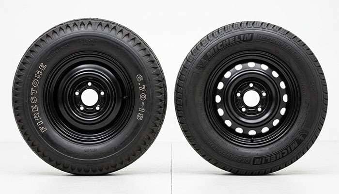 Side-by-side comparison of a classic bias-ply tire and a modern radial tire on a clean workshop surface