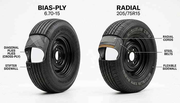 Comparison of a bias-ply tire and a radial tire sidewall for classic cars