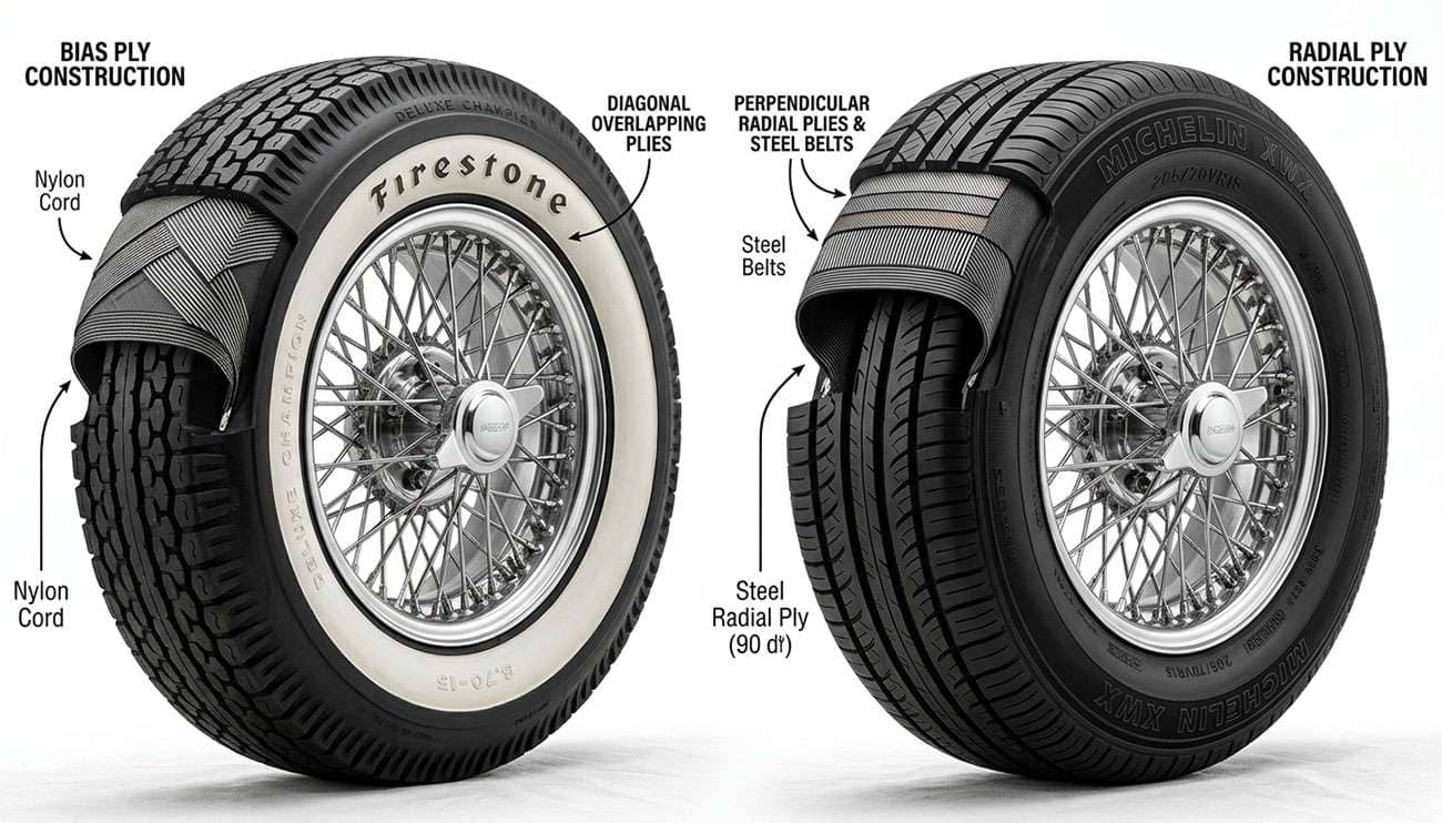 Vintage bias ply tire next to modern radial tire showing construction differences for classic car restoration