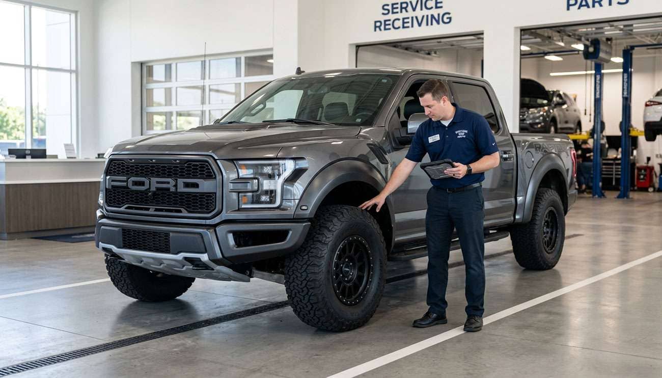 Pickup truck on larger all-terrain tires parked in a dealership service drive with a service advisor reviewing a warranty claim
