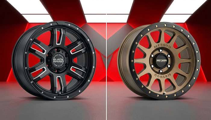 Comparison image of Black Rhino Hard Alloys wheel versus Method Race Wheels with a red and gray background