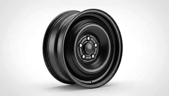 Close-up of a durable black steel wheel showing robust construction
